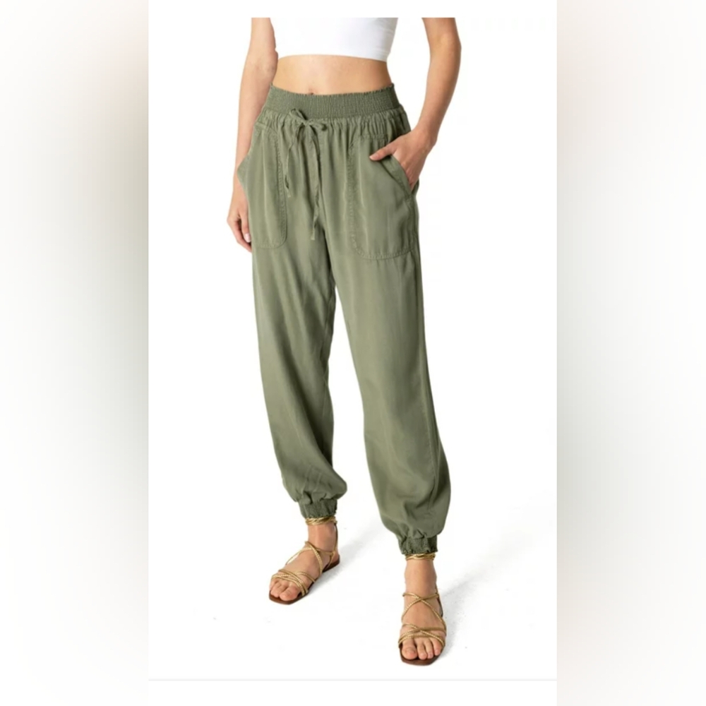 Love Tree Lounge high Rise Pants Women’s Linen Blend Drawstring olive Green sz M